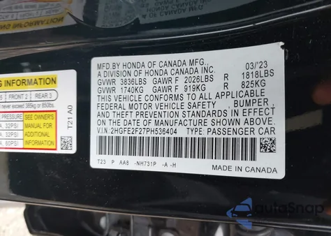 2023 Honda Civic Lx from USA, damaged, VIN 2HGFE2F27PH536404